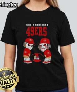 Good San Francisco 49ers X Michael Myers and Billy the Puppet graphic on a ladies' tee, perfect for fans and horror lovers.