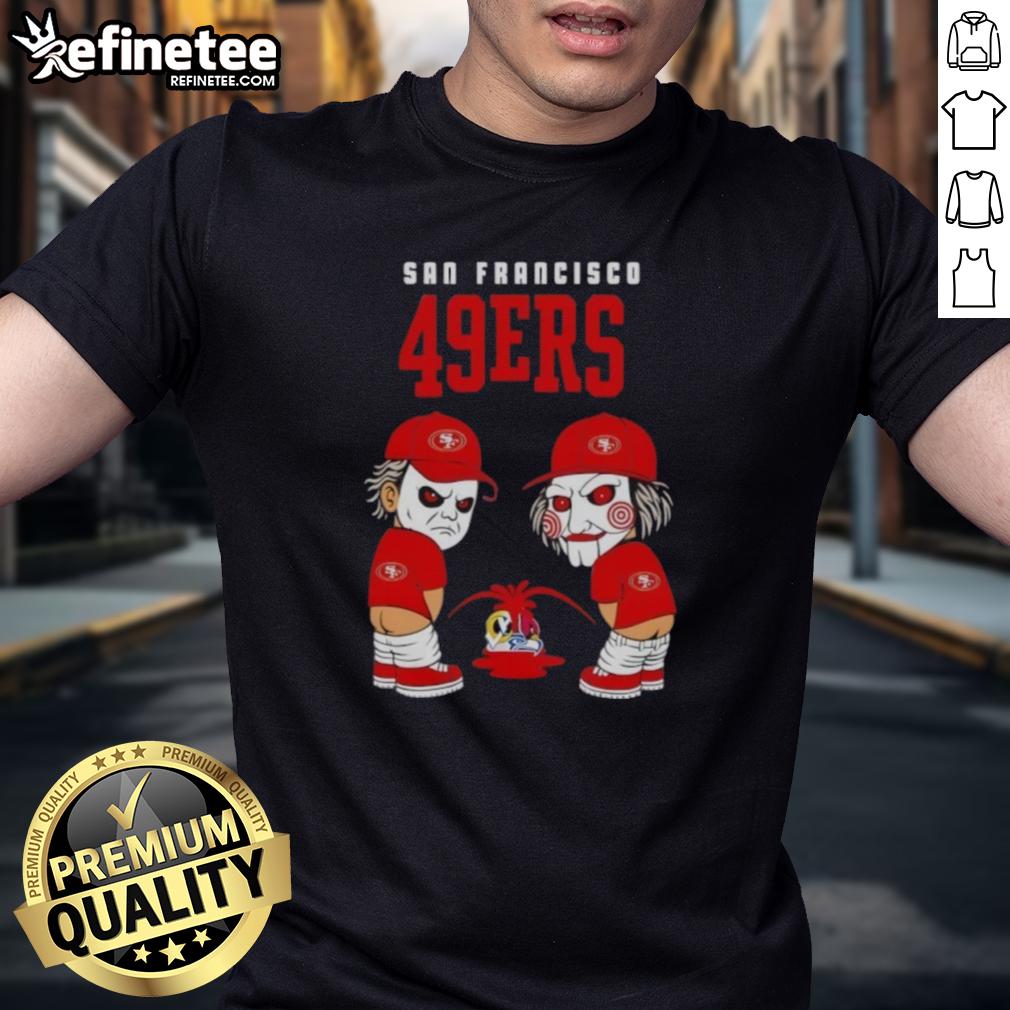 good-san-francisco-49ers-x-michael-myers-and-billy-the-puppet-piss-on-t-shirt-1 Good San Francisco 49ers X Michael Myers and Billy the Puppet graphic tee, featuring a unique design for fans.