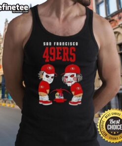 Good San Francisco 49ers X Michael Myers and Billy the Puppet tank top featuring horror and sports mashup design.