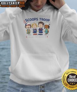 Alt Text: Good Scoops Troop Starcourt Mall hoodie featuring Hawkins design from Stranger Things X Peanut cartoon.