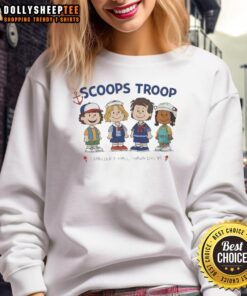 Good Scoops Troop Starcourt Mall Hawkins sweatshirt featuring Stranger Things x Peanut cartoon design.