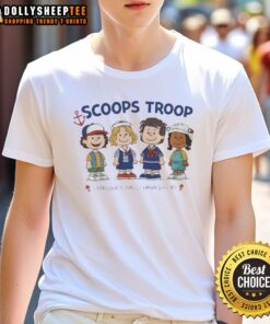 Good Scoops Troop Starcourt Mall Hawkins 85 T-Shirt featuring Stranger Things X Peanut cartoon design.