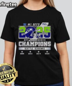 Seattle Seahawks 2025 NFC Conference Champions ladies tee featuring vibrant team colors and logo design.