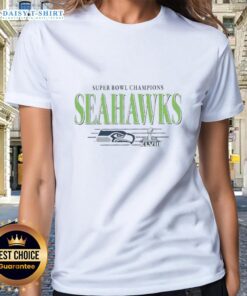 Vintage Seattle Seahawks NFL Super Bowl Champions logo on a women's tee shirt, celebrating the team's championships.