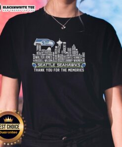 Seattle Seahawks ladies tee featuring the city skyline and 'Thank You For The Memories' design.