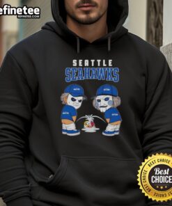 Alt Text: Seattle Seahawks hoodie featuring Michael Myers and Billy the Puppet graphic, perfect for fans of horror and football.
