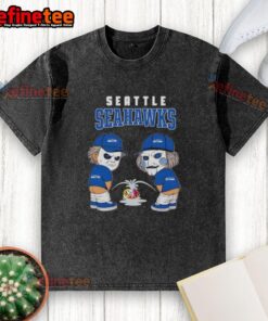 Good Seattle Seahawks X Michael Myers and Billy the Puppet graphic on a washed t-shirt, showcasing unique fan apparel.