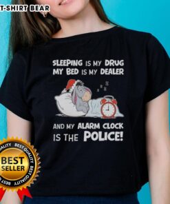 Good Sleeping Is My Drug Ladies Tee featuring a playful design about sleep and alarm clocks, perfect for cozy nights.