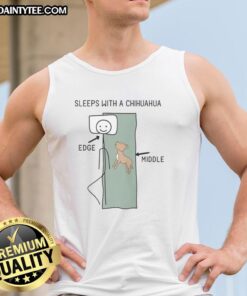 Woman wearing a 'Good Sleeps With A Chihuahua' tank top, showcasing a cute chihuahua graphic and casual style.
