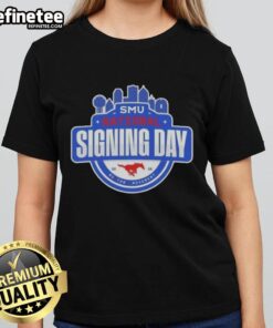 Alt Text: Good SMU Mustangs National Signing Day Ladies Tee showcasing vibrant team colors and logo, perfect for fans.