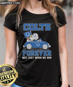 Good Snoopy and Woodstock riding Indianapolis Colts car, perfect for fans. Ladies tee celebrating team spirit!
