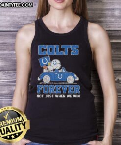 Alt Text: Snoopy and Woodstock riding an Indianapolis Colts car in a colorful tank top, celebrating team spirit year-round.