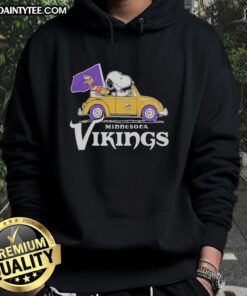 Alt Text: Good Snoopy and Woodstock riding in Minnesota Vikings football car on a cozy hoodie design.