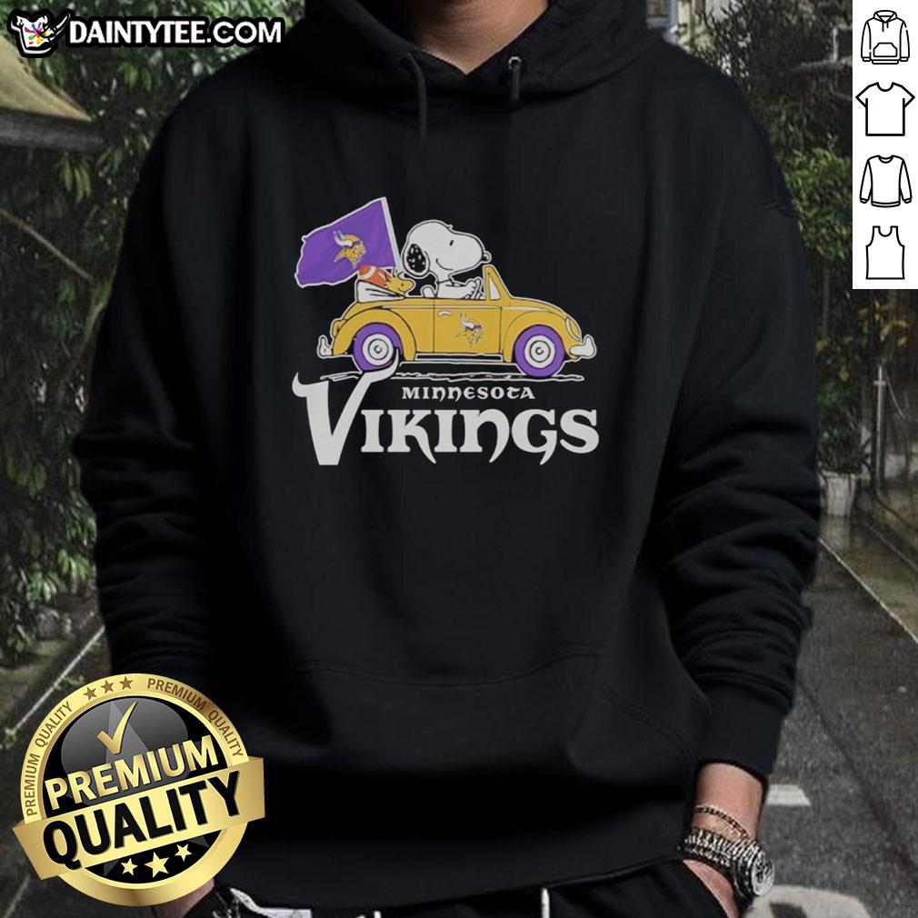good-snoopy-and-woodstock-riding-minnesota-vikings-football-car-logo-hoodie Alt Text: Good Snoopy and Woodstock riding in Minnesota Vikings football car on a cozy hoodie design.