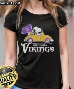 Snoopy and Woodstock riding in a Minnesota Vikings football car logo on a ladies tee shirt.