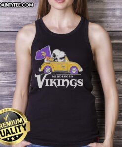 Good Snoopy and Woodstock riding in a Minnesota Vikings football car logo tank top, perfect for NFL fans.