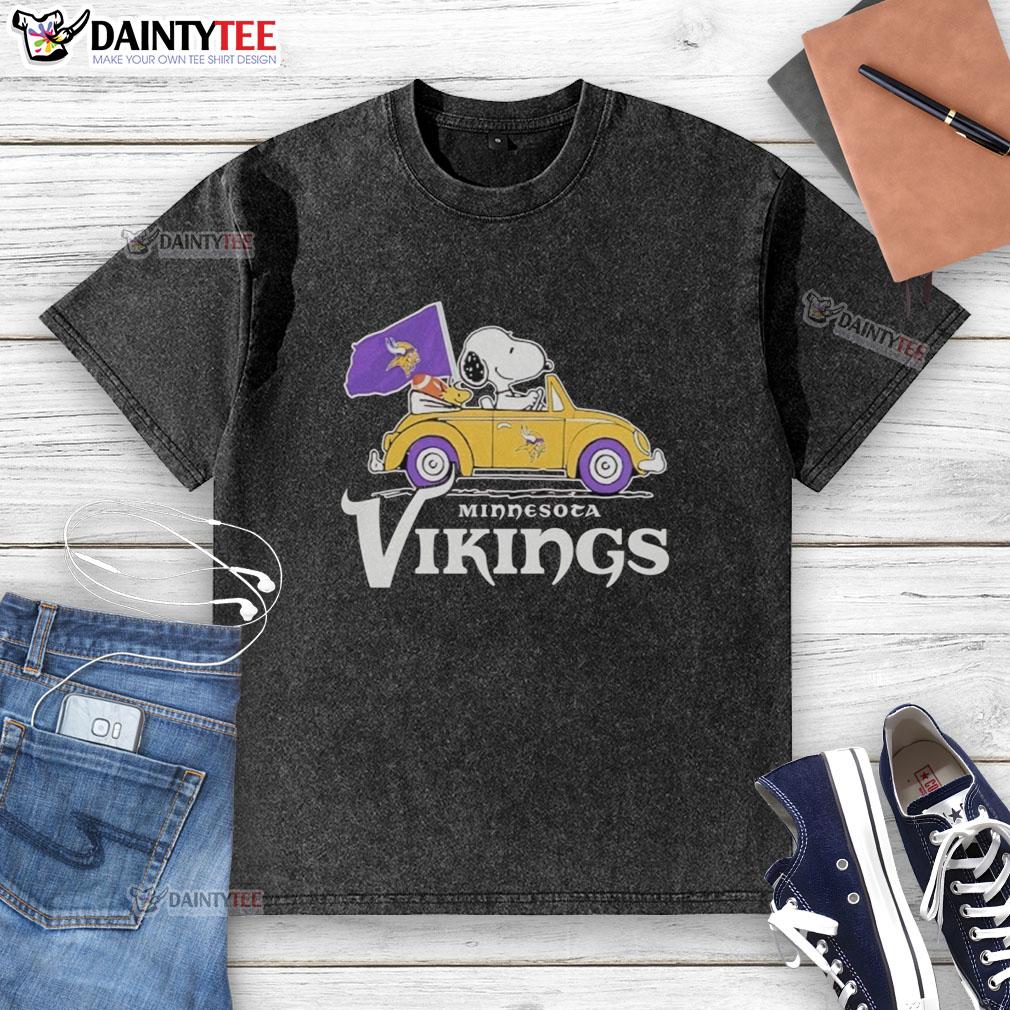 good-snoopy-and-woodstock-riding-minnesota-vikings-football-car-logo-washed-t-shirt Alt Text: Good Snoopy and Woodstock riding a Minnesota Vikings football car logo on a washed t-shirt, perfect for fans.