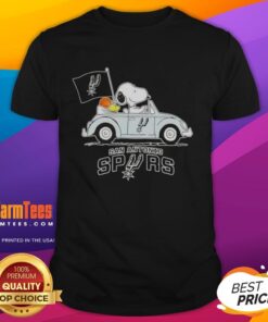 Good Snoopy driving a car on San Antonio Spurs basketball T-shirt, showcasing a fun and sporty design for fans.