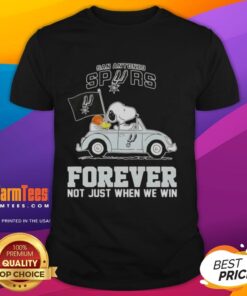 Alt Text: Good Snoopy driving a car on San Antonio Spurs Forever T-Shirt, celebrating team spirit beyond just victories.