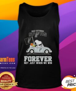 Good Snoopy driving a car in a San Antonio Spurs tank top, showcasing team spirit, 'Forever, Not Just When We Win.'