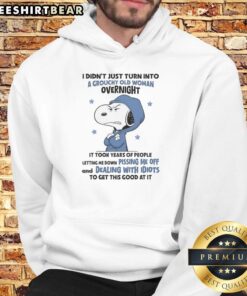 Good Snoopy hoodie featuring a grouchy old woman, perfect for expressing frustration with idiots and everyday annoyances.