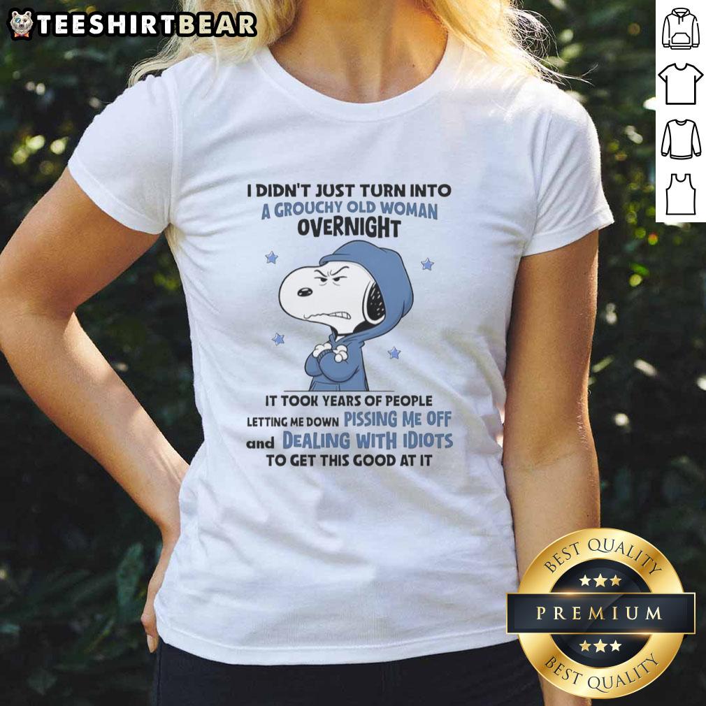 good-snoopy-grouchy-old-woman-letting-me-down-pissing-me-off-dealing-with-idiots-ladies-tee Funny ladies' tee featuring Snoopy and a grouchy old woman, perfect for expressing frustration with dealing with idiots.