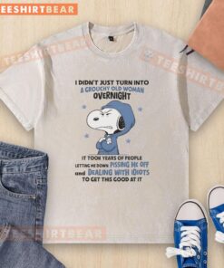 Alt Text: Good Snoopy t-shirt featuring a grouchy old woman, perfect for dealing with idiots and expressing frustration.