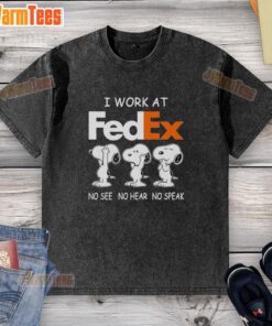 Good Snoopy I Work At FedEx No See No Hear No Speak washed t-shirt featuring Snoopy in a playful design.