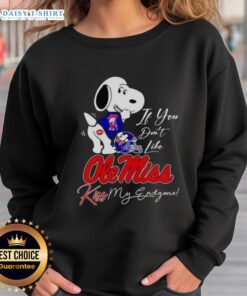 Good Snoopy sweatshirt featuring 'If You Don't Like Ole Miss Rebels, Kiss My Endzone' design for fans and supporters.