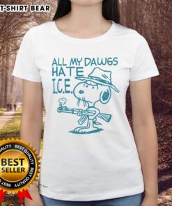 Good Snoopy Peanuts All My Dawgs Hate Ice Ladies Tee featuring Snoopy and friends in a playful design.