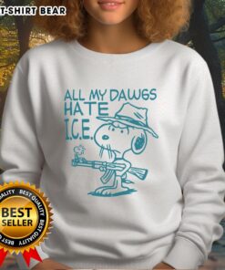 Good Snoopy Peanuts 'All My Dawgs Hate Ice' sweatshirt featuring a fun graphic of Snoopy and stylish text.
