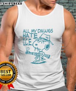 Good Snoopy Peanuts tank top featuring 'All My Dawgs Hate Ice' design, perfect for dog lovers and comic fans.