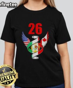 Good Soccer Cup 26 North American Soccer Tournament 2026 flags on a ladies tee, showcasing vibrant design and team spirit.