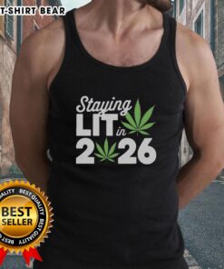 High-waisted marijuana New Year's tank top for 2026, featuring a fun 'Good Staying Lit' design perfect for celebrations.