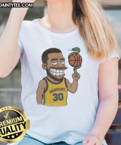 Cartoon of a snake playing basketball with a ball, featuring Steph Curry, on a ladies' tee shirt design.