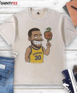Cartoon of Steph Curry with a snake and basketball on a washed t-shirt, perfect for basketball fans and casual wear.