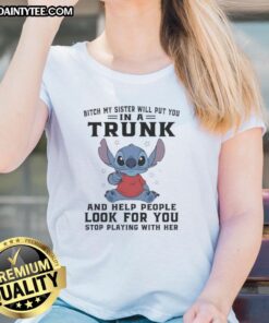 Good Stitch Index Finger Bitch tee for women featuring a humorous design about sisterly loyalty and mischief.