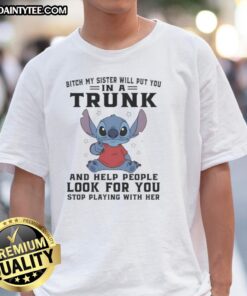 Alt Text: Good Stitch Index Finger Bitch T-Shirt - Funny design featuring sisterly humor, perfect for casual wear.