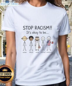 Good Stop Racism Tee featuring diverse women, promoting unity and acceptance for Asian, Black, Arab, and American identities.