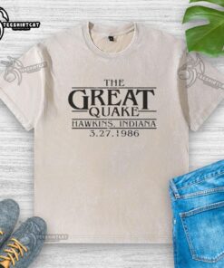 Vintage Good Stranger Things The Great Quake t-shirt featuring Hawkins, Indiana 1986 design, perfect for fans.