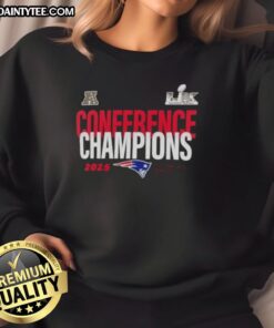 New England Patriots 2025 AFC Conference Champions sweatshirt featuring bold team logo and Super Bowl LX design.