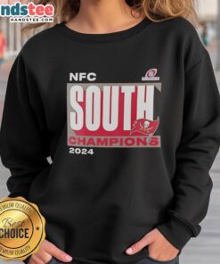 Alt Text: 2024 NFC South Champions sweatshirt for Tampa Bay Buccaneers, featuring team colors and logo in a stylish design.