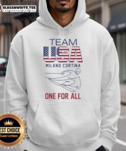 Good Team USA Milano Cortina 2026 Olympics logo and flag hoodie, featuring vibrant colors and a stylish design.