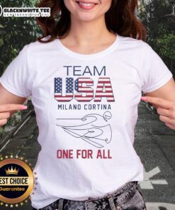 Good Team USA Milano Cortina 2026 Olympics logo and flag on ladies tee shirt, showcasing support for the upcoming games.