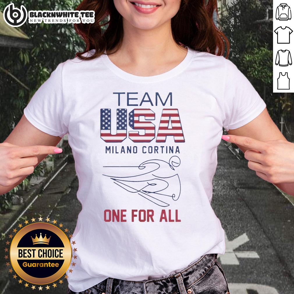 Good Team USA Milano Cortina One For All To Olympics 2026 Logo And Flag Ladies-Tee Good Team USA Milano Cortina 2026 Olympics logo and flag on ladies tee shirt, showcasing support for the upcoming games.