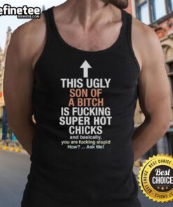 Man wearing 'Good This Ugly Son of a Bitch' tank top, enjoying a sunny day with attractive women at the beach.