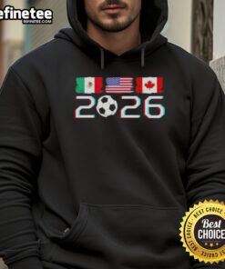 Good United 2026 Soccer Cup North America emblem hoodie featuring vibrant flags and sporty design for soccer fans.