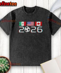 Good United 2026 Soccer Cup North America emblem on a washed T-shirt featuring flags of participating countries.