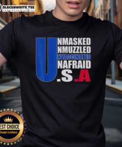 Alt Text: Good Unmasked Unmuzzled Unvaccinated Unafraid America Flag T-Shirt showcasing patriotic design and bold text.