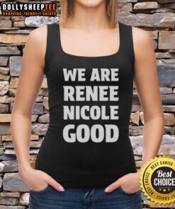 Renee Nicole Good wearing a protest tank top at a Minneapolis rally, promoting social justice and community activism.